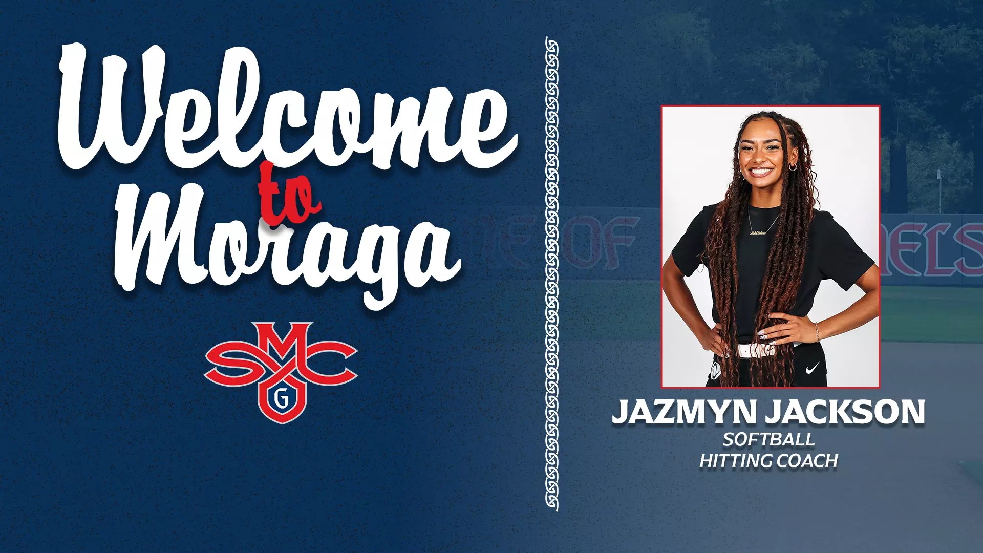 Official welcome graphic announcing a new softball hitting coach at a college.