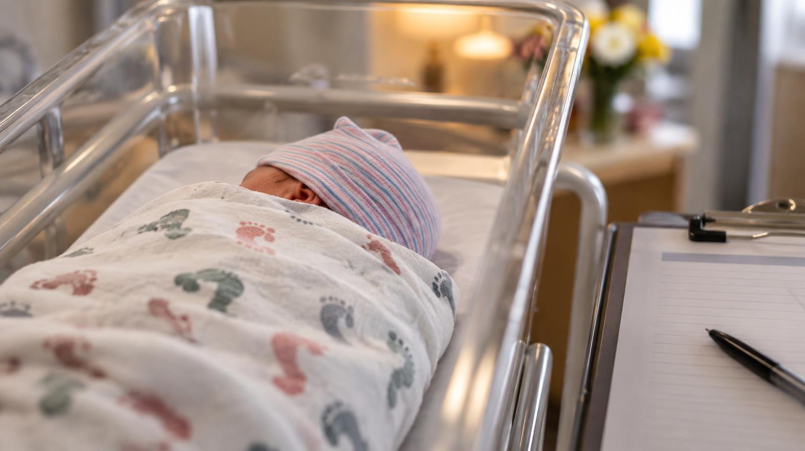 Newborn baby swaddled in a soft blanket lying in a hospital bassinet.