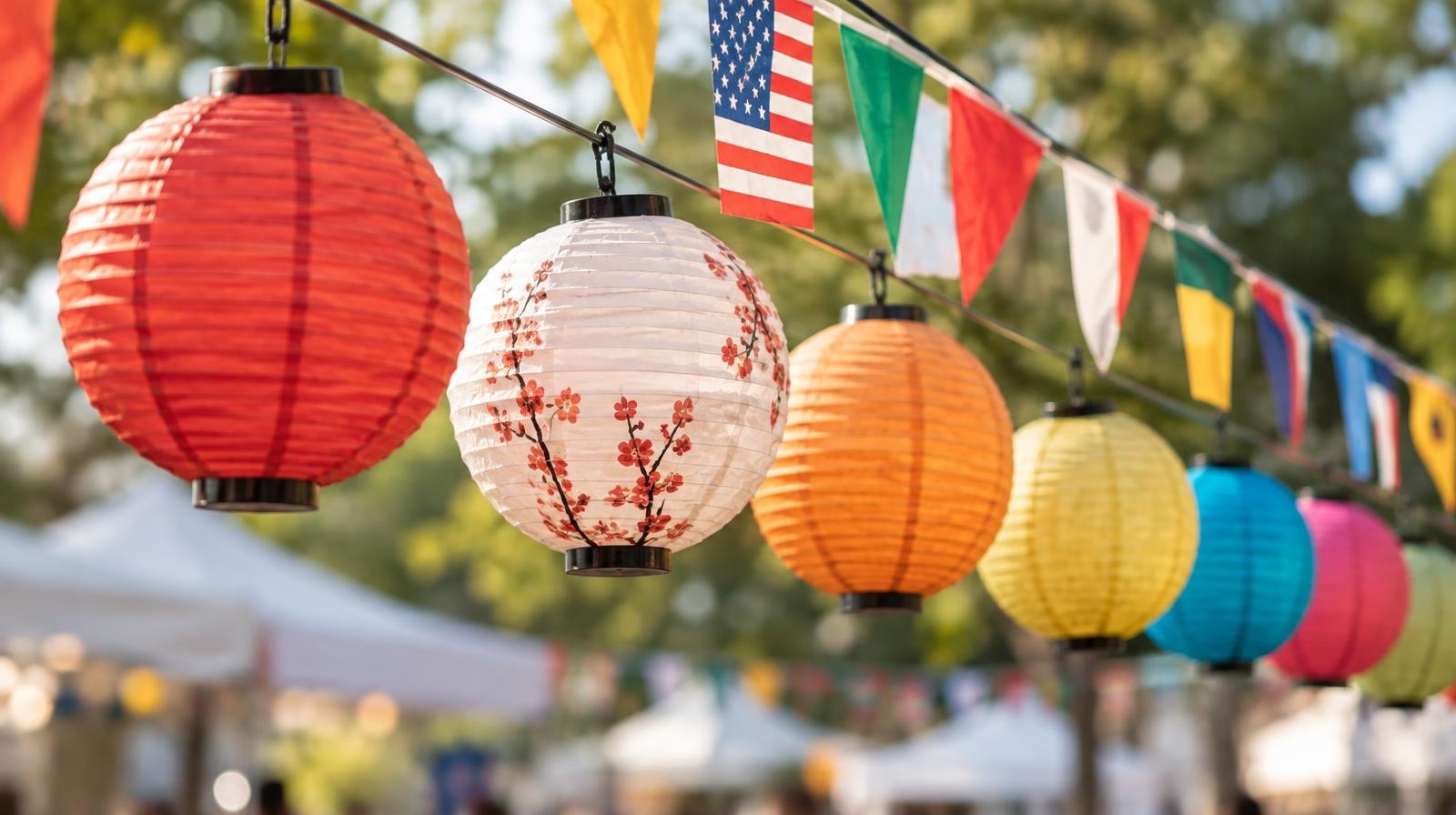 Colorful paper lanterns and small decorative flags hanging on a string outdoors.