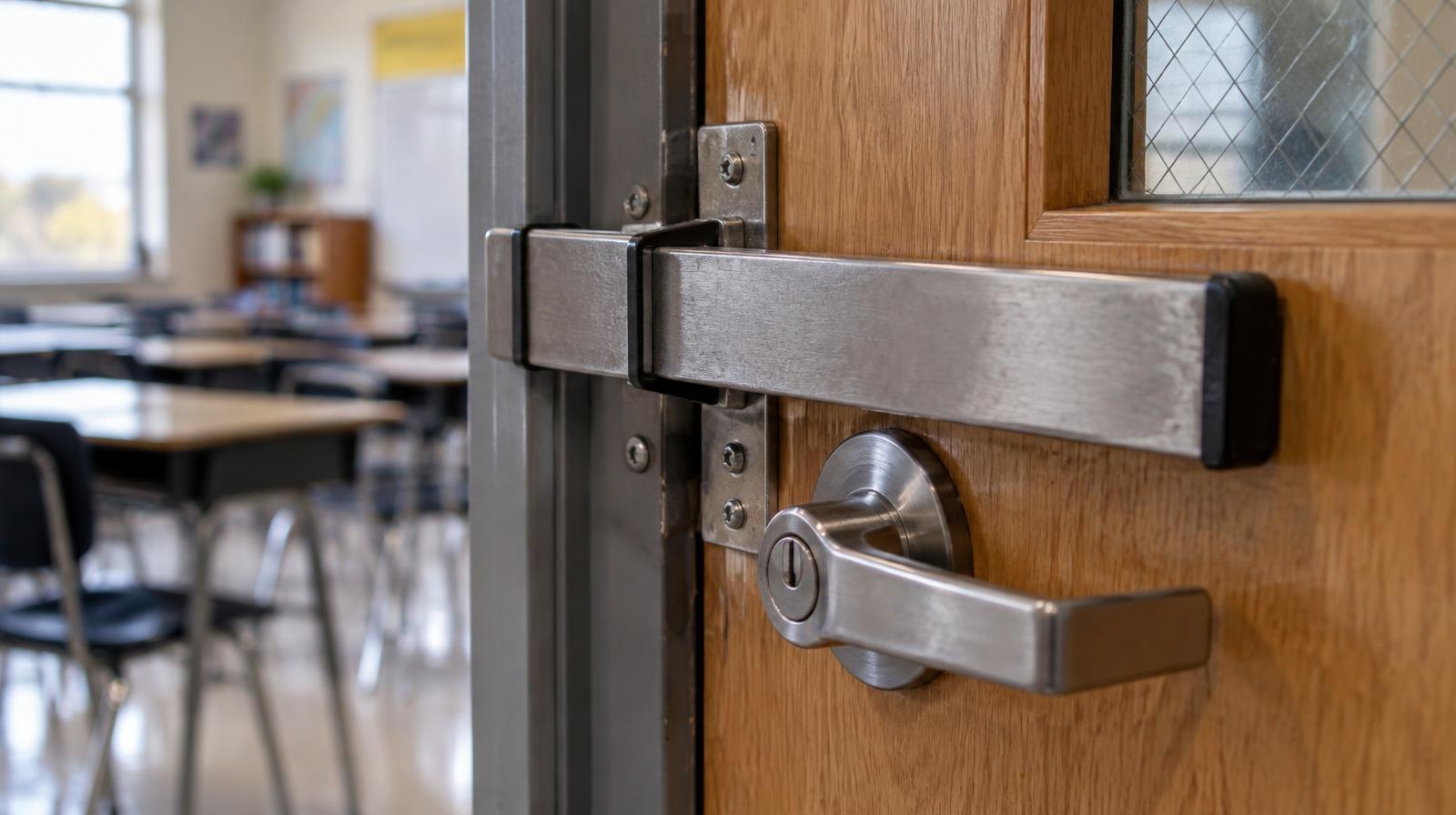 Metal barricade lock bar secured across a classroom door handle.