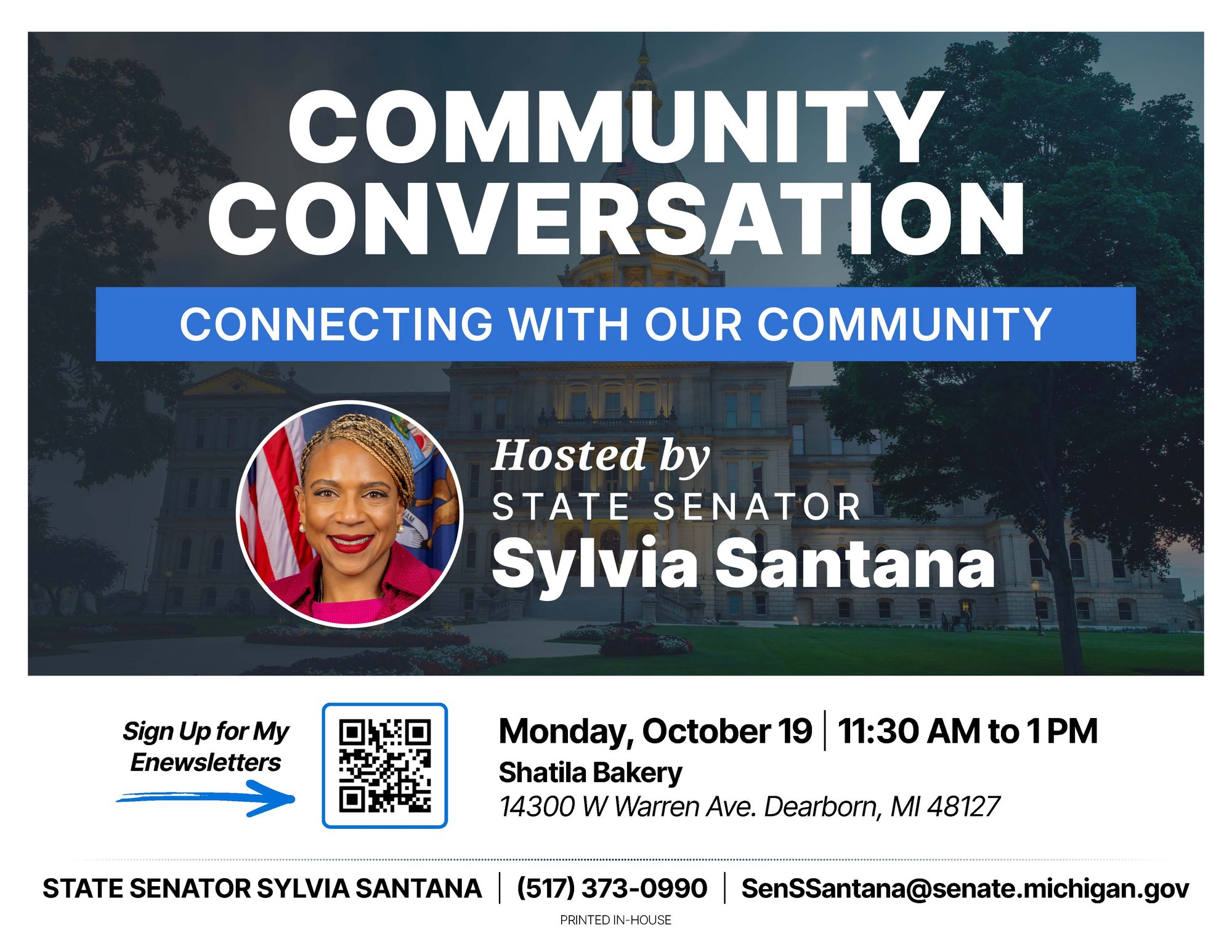 Community Conversation flyer featuring Sylvia Santana’s portrait and event details for Oct. 19, 11:30 a.m. to 1 p.m., at Shatila Bakery in Dearborn.