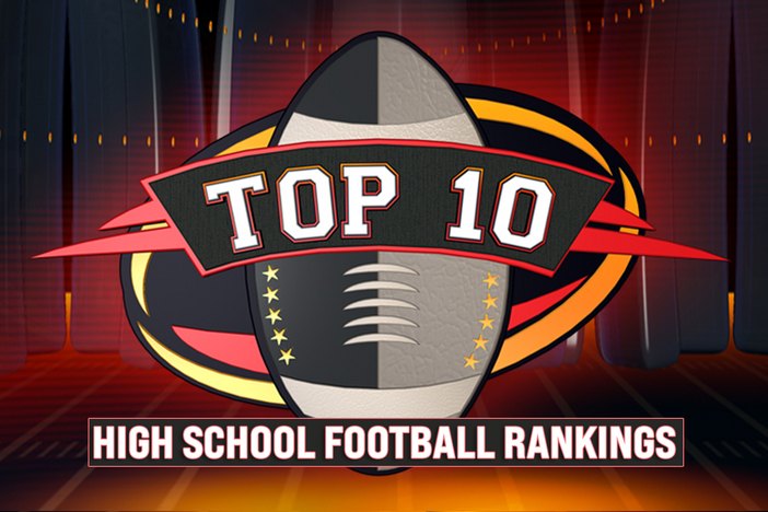 Stylized graphic showing a football with 'Top 10 High School Football Rankings' text.