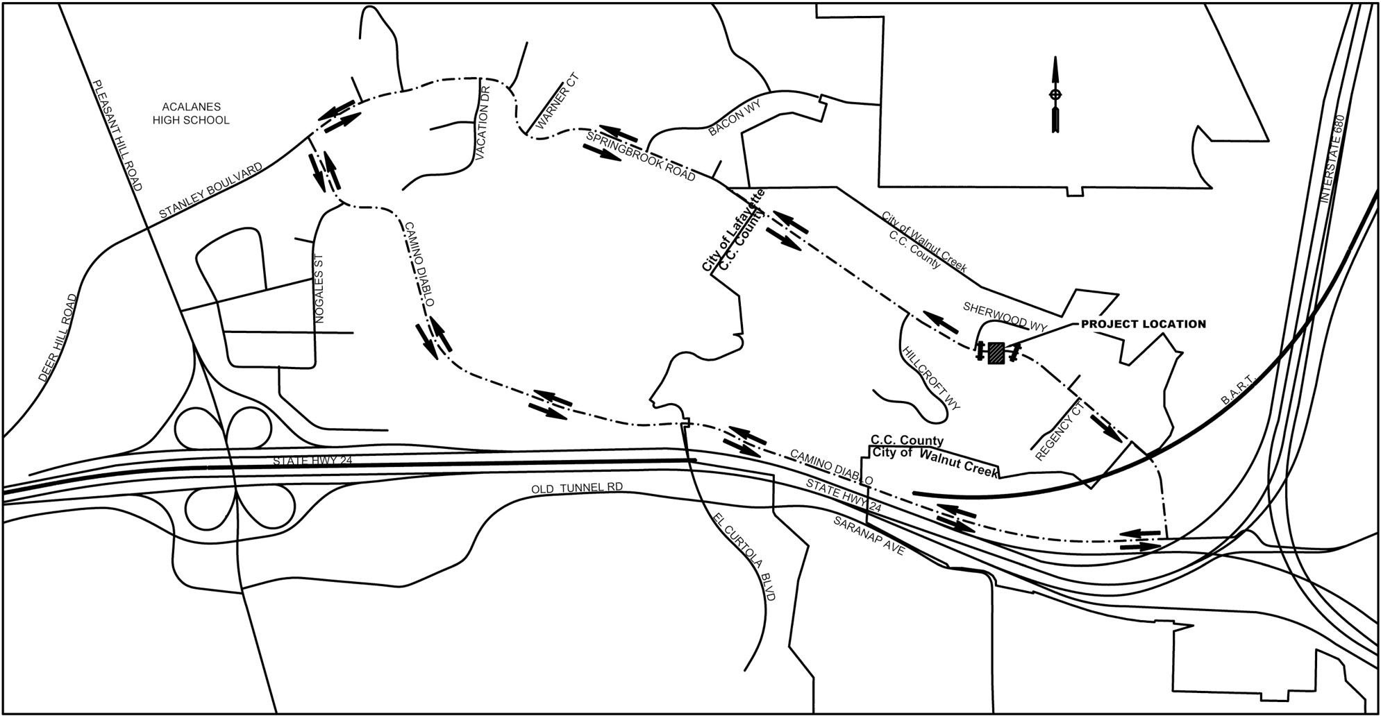 Black-and-white schematic map showing a road closure project location and dashed detour route.