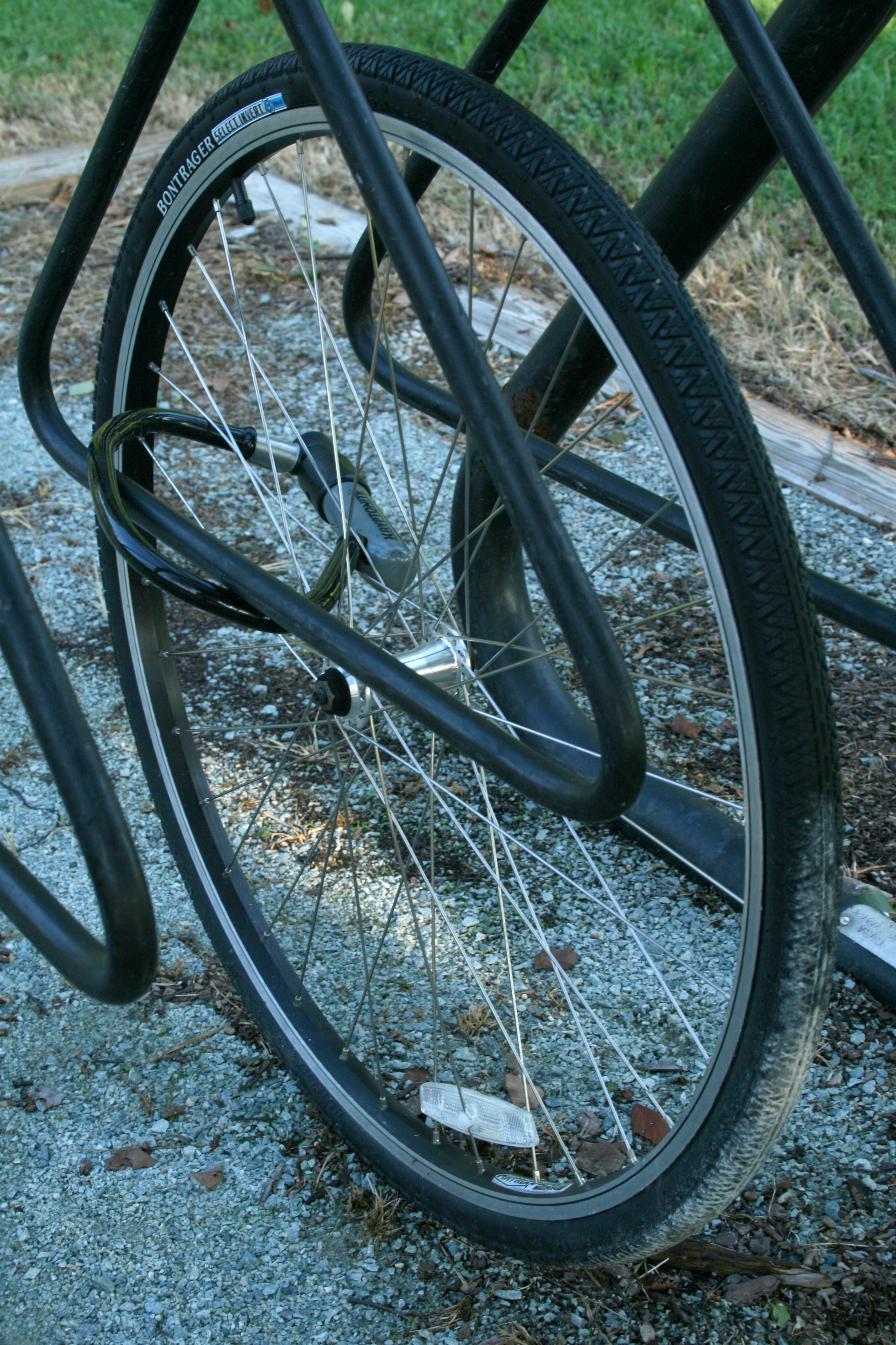 A lone bicycle wheel locked to a metal bike rack, the rest of the bike missing.