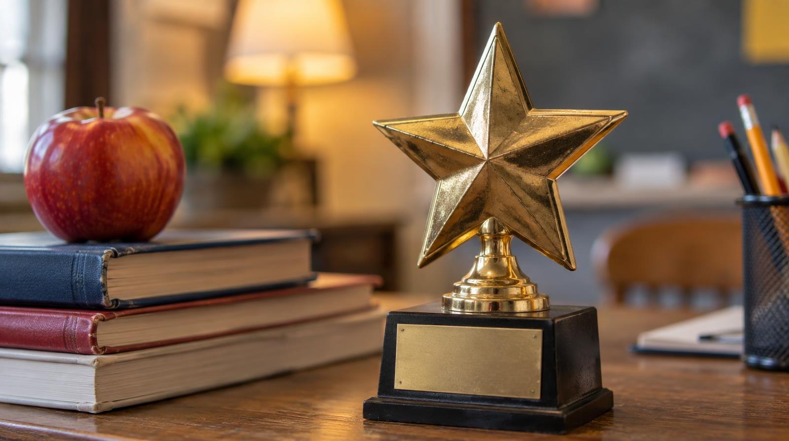 Gold star-shaped trophy beside stacked books and a red apple on a wooden surface.