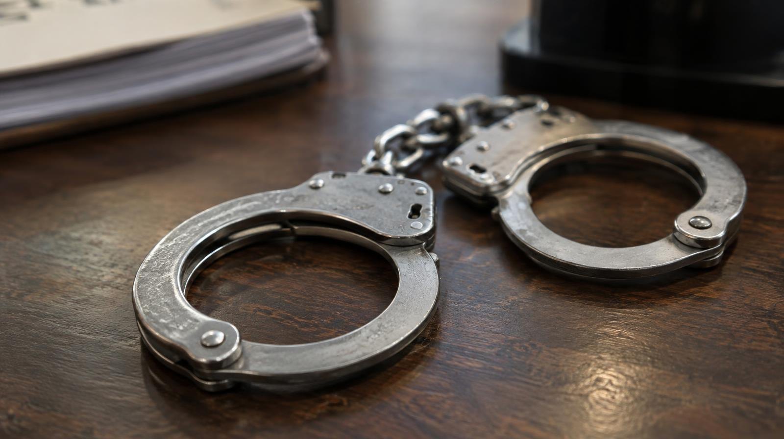 A pair of steel handcuffs resting on a dark wooden surface.