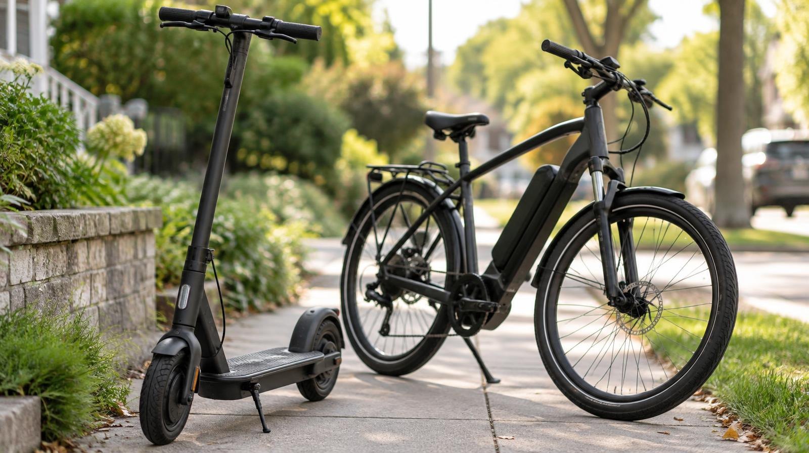 A black electric scooter and an electric bicycle parked side by side on a sidewalk.