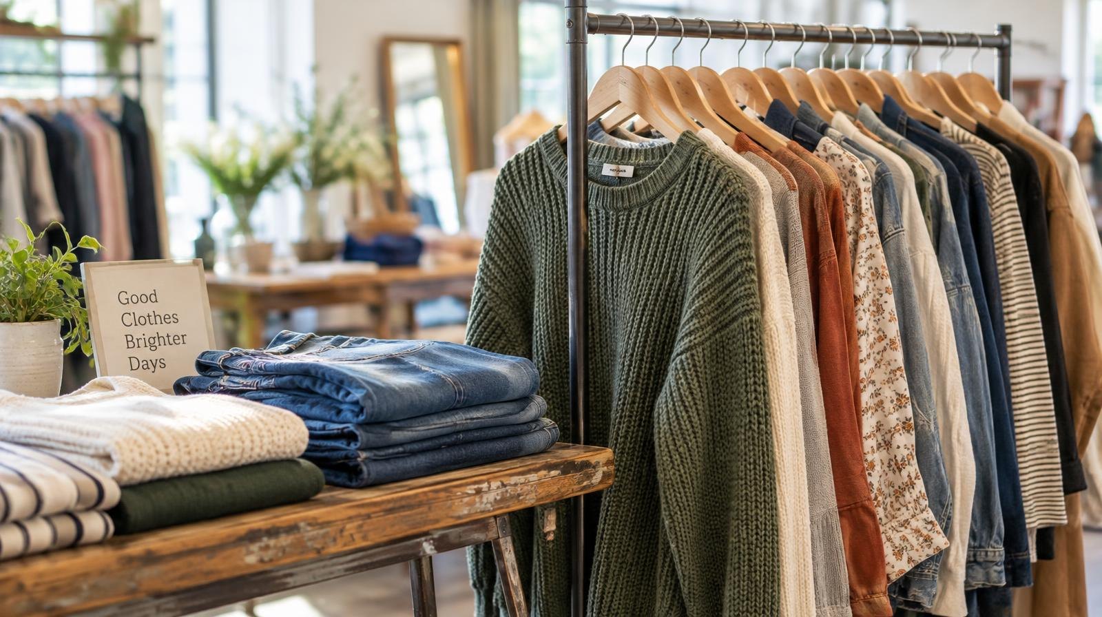 Neatly organized rack of clothing with folded items on a table beside it.