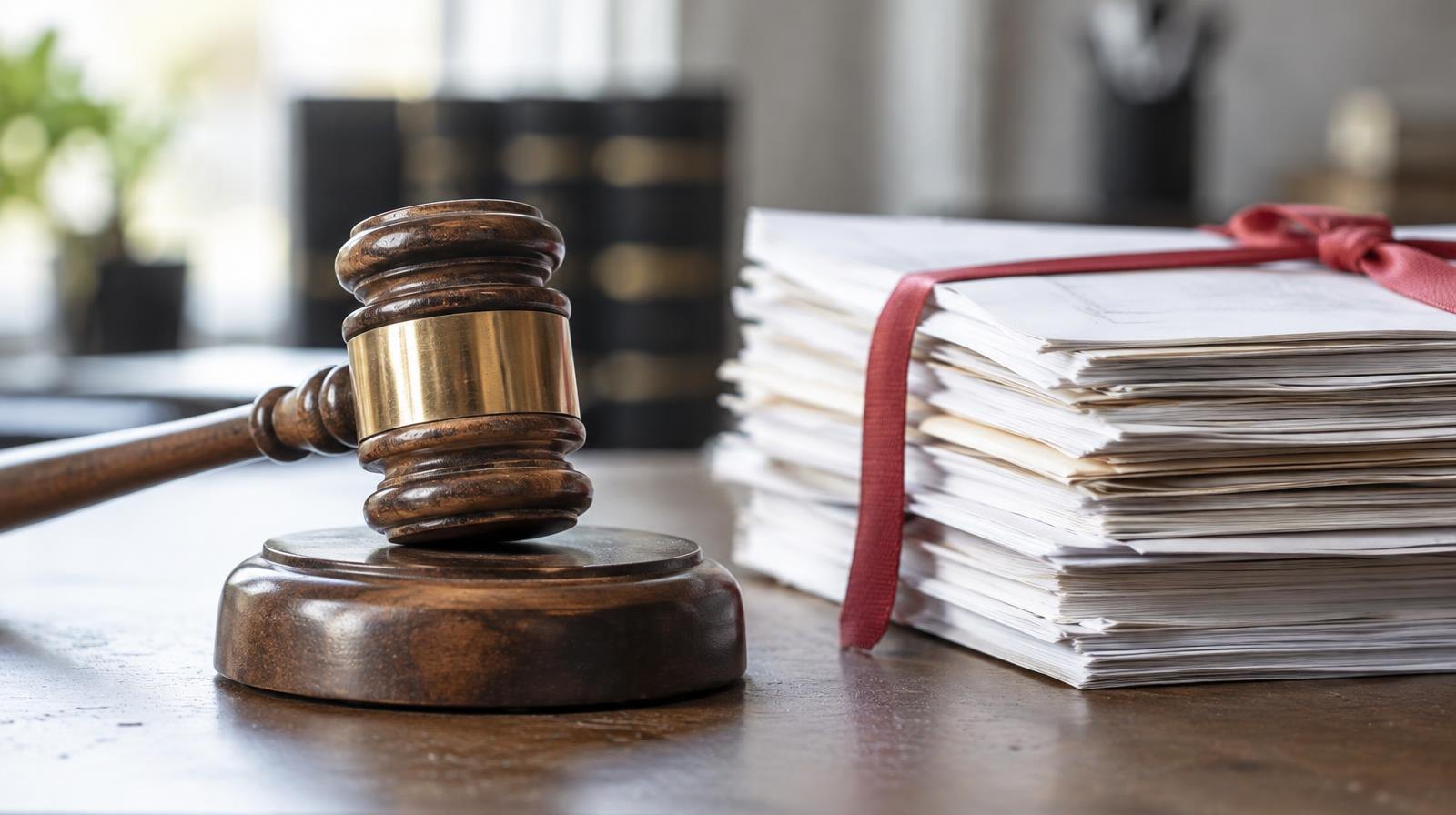 Wooden gavel on its sound block next to a tied stack of documents on a desk.