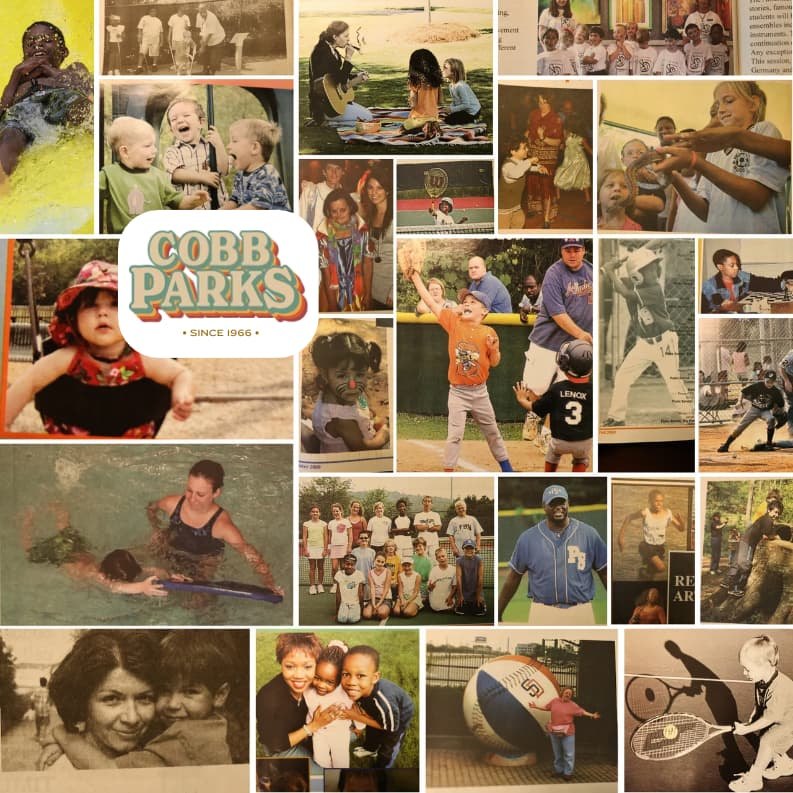 Collage of black-and-white and color historical photos showing children and adults in recreational activities.