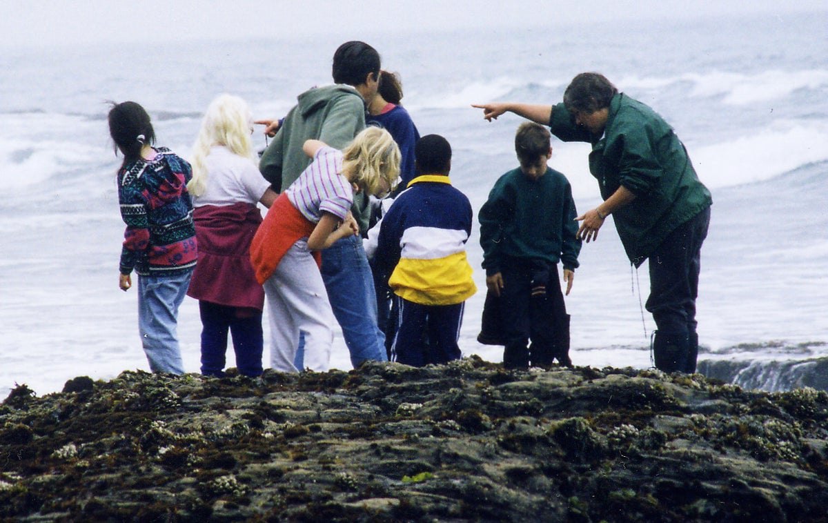 Children and adults stand on rocky coastal terrain near ocean waves during a guided tour.