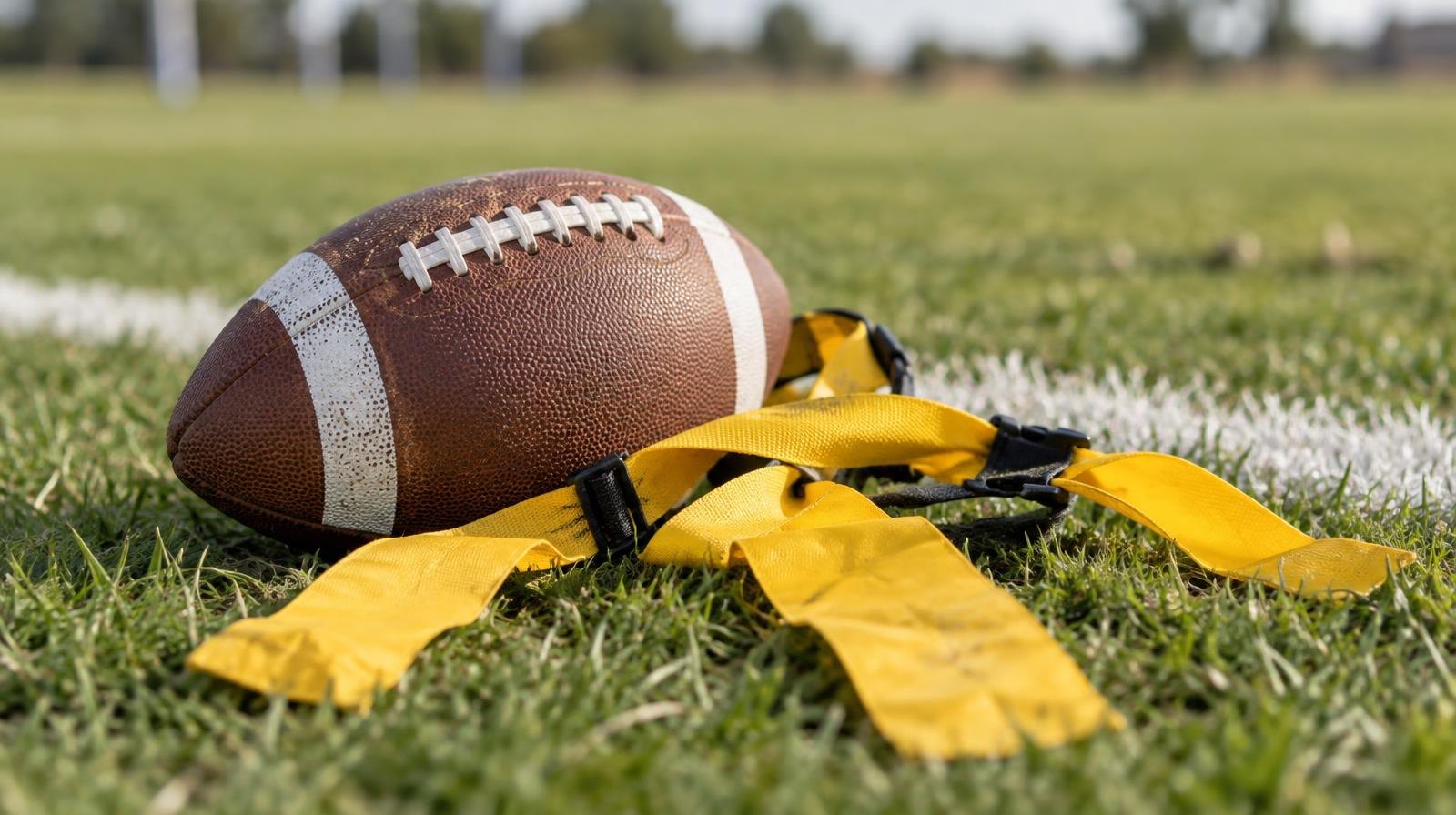 A football and flag football belts resting on green grass near a white yard line.