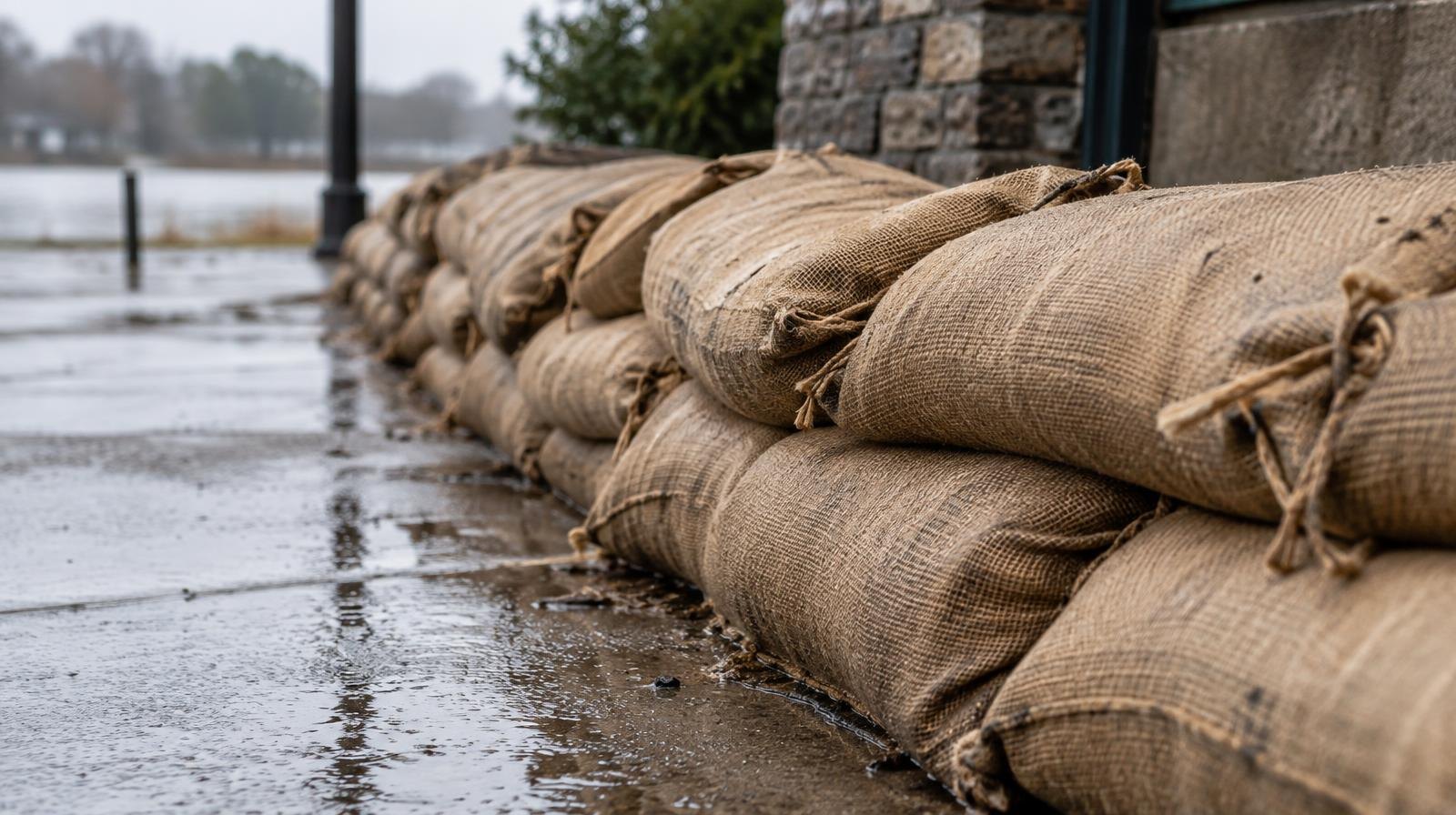 Stacked burlap sandbags forming a flood barrier on wet pavement in the rain.