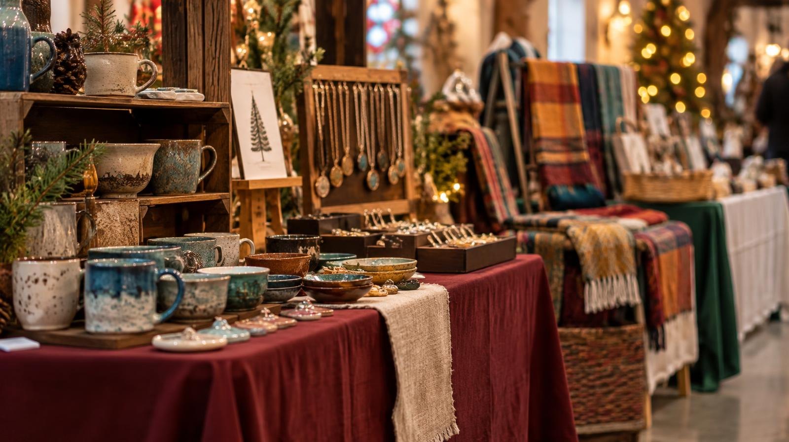 Colorful craft vendor booths with handmade goods on draped tables under warm lighting.