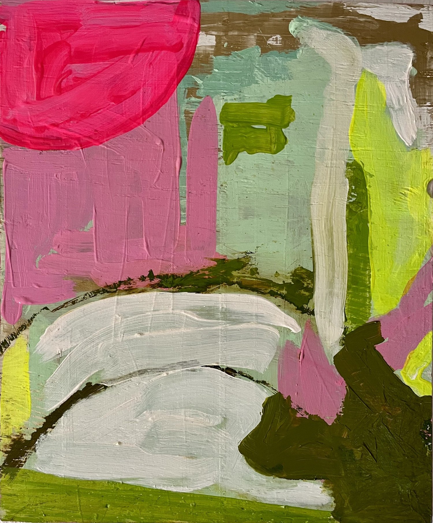 Abstract painting with bold pink, green, yellow, and white brushstrokes on a textured surface.