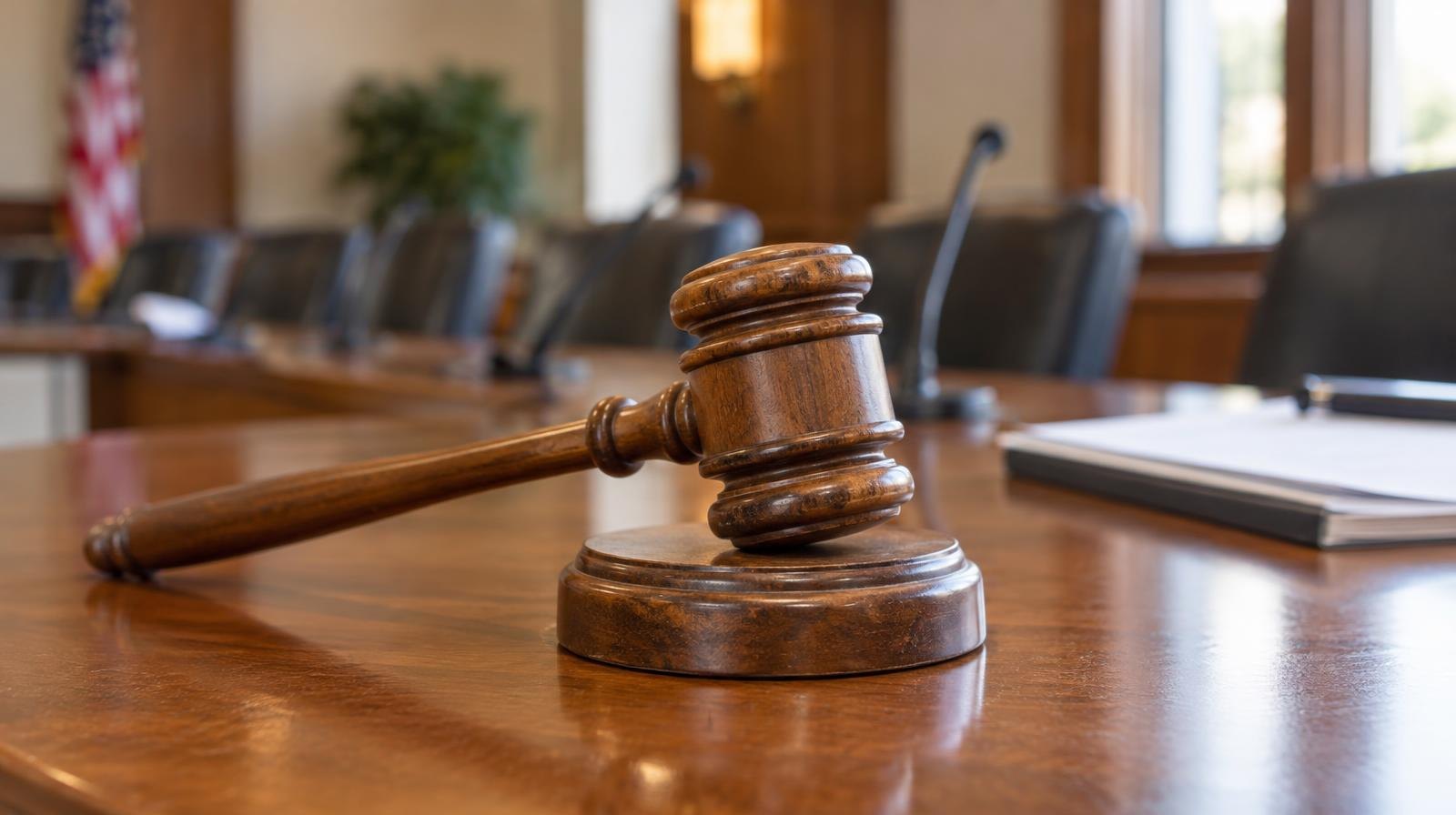 Wooden gavel resting on its sound block on a polished table.