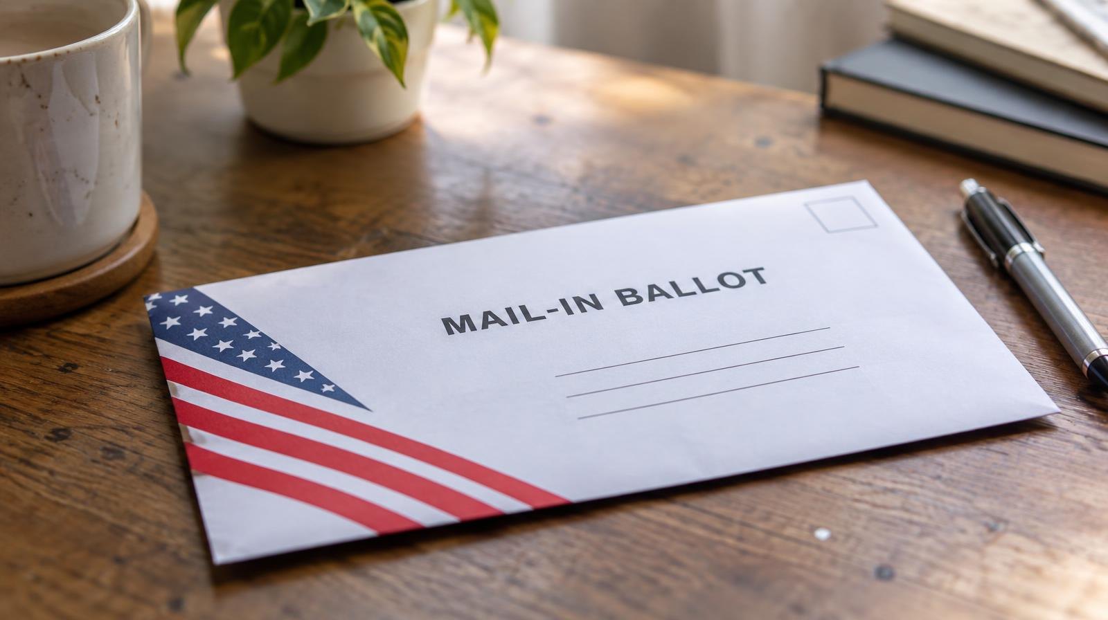 A sealed mail ballot envelope resting on a wooden table next to a pen.