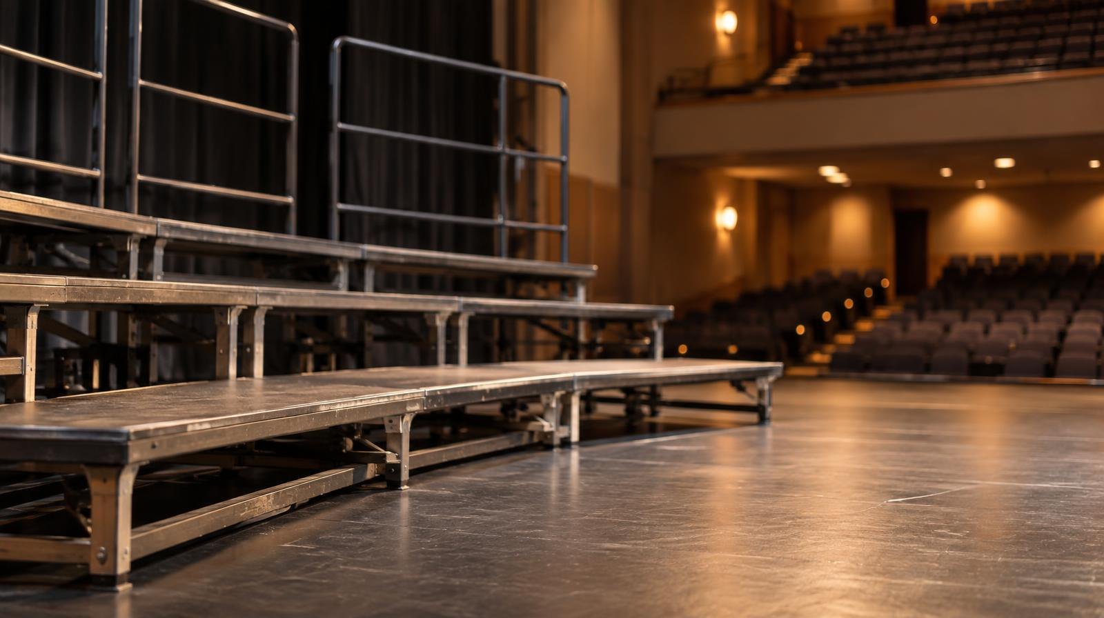 Tiered choir risers on a stage under warm amber stage lighting.