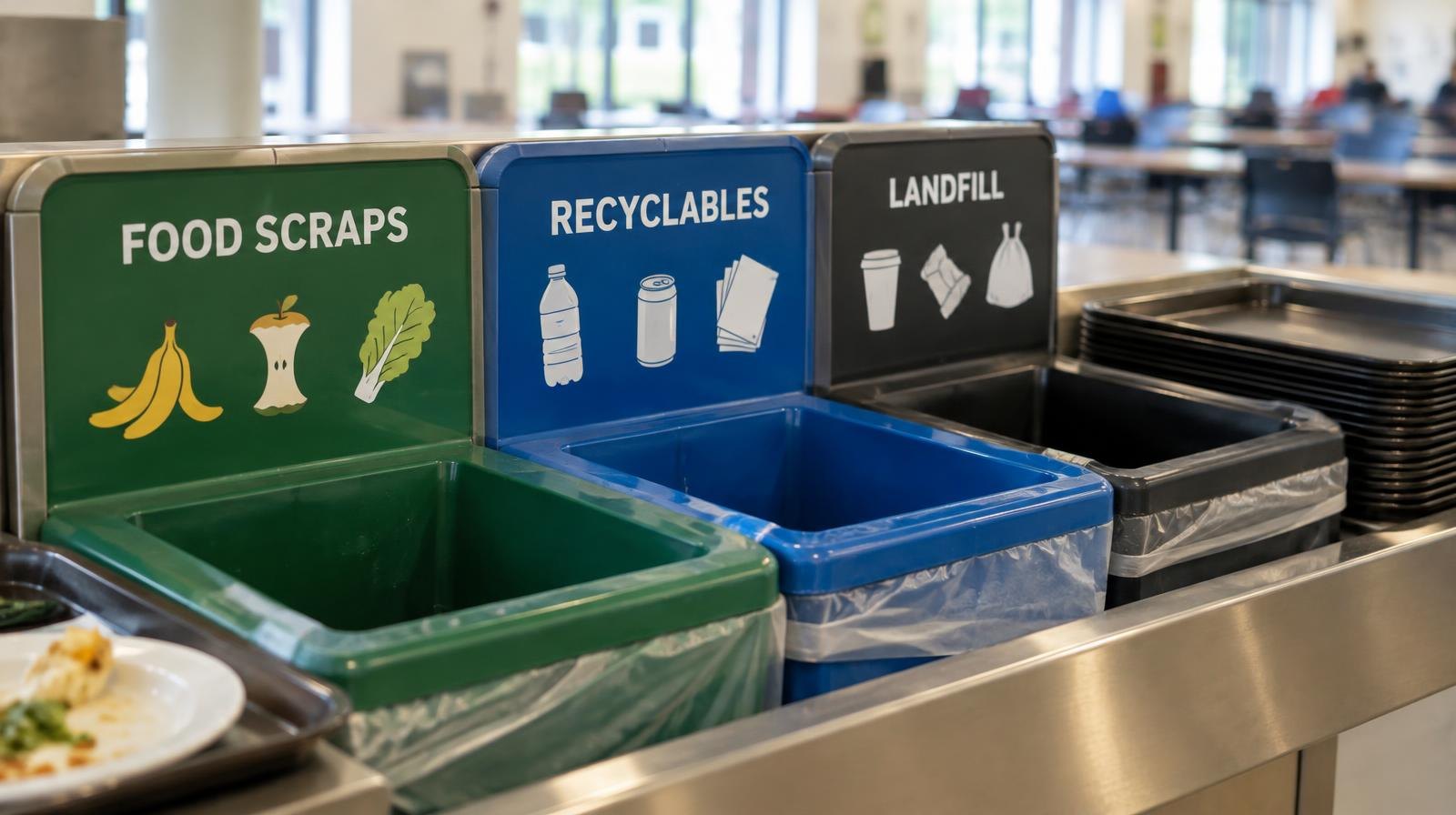 Labeled recycling and composting bins on a cafeteria tray return counter.