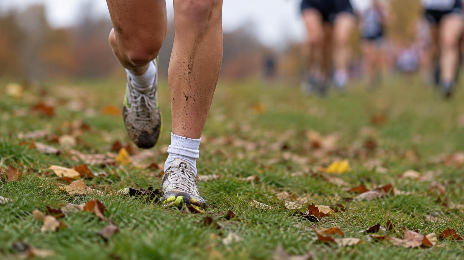 Close-up of running shoes mid-stride on a grass course with autumn leaves on the ground.