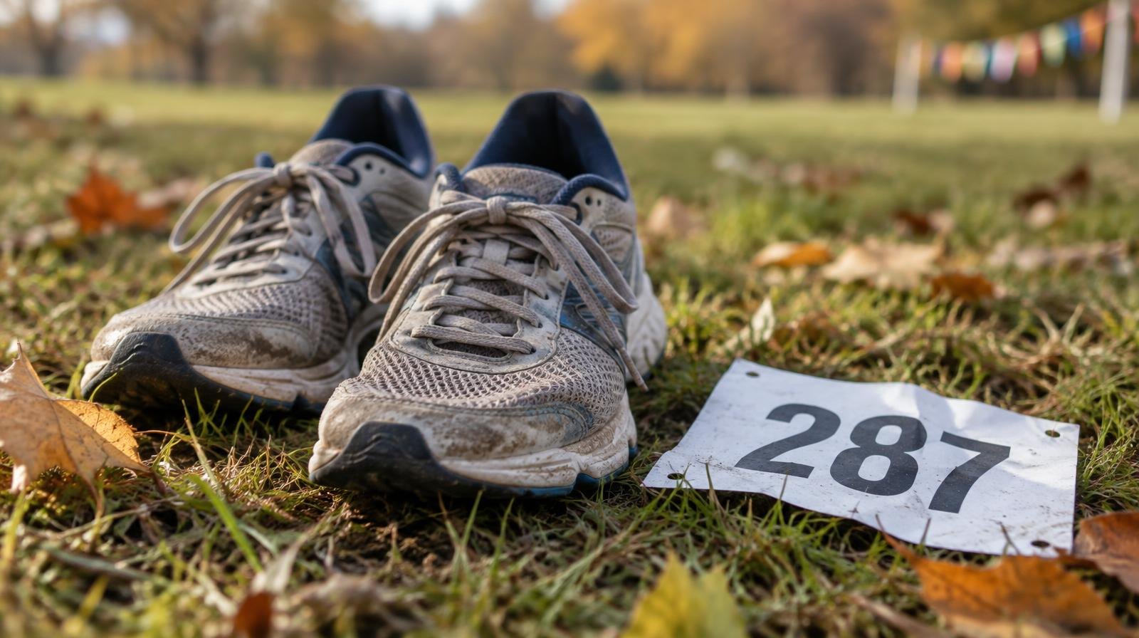 Worn running shoes and a race bib number rest on green grass outdoors.