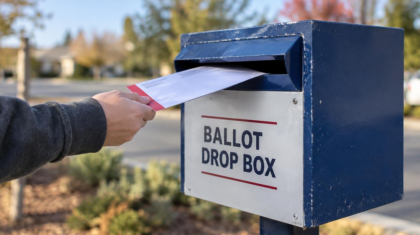 A hand inserting a ballot envelope into an outdoor metal drop box.
