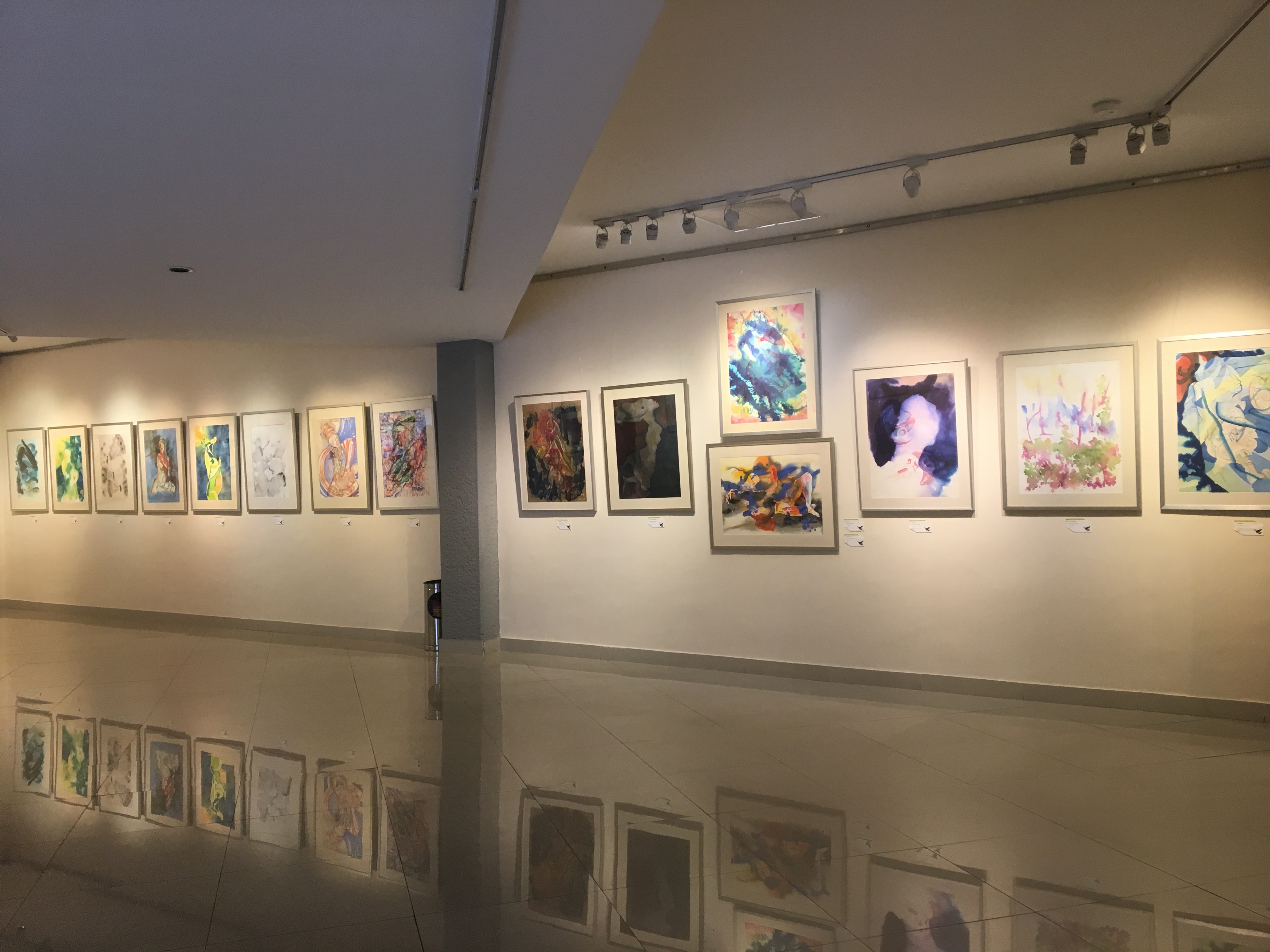 White gallery walls lined with framed colorful paintings under overhead track lighting.