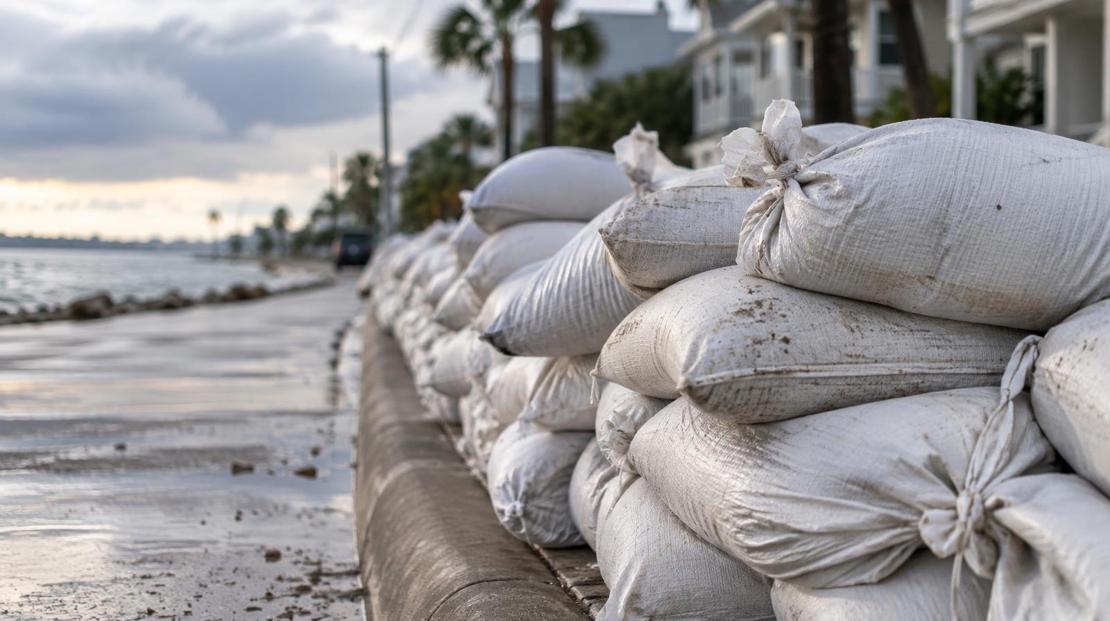 Rows of filled sandbags stacked along a street curb under an overcast sky.