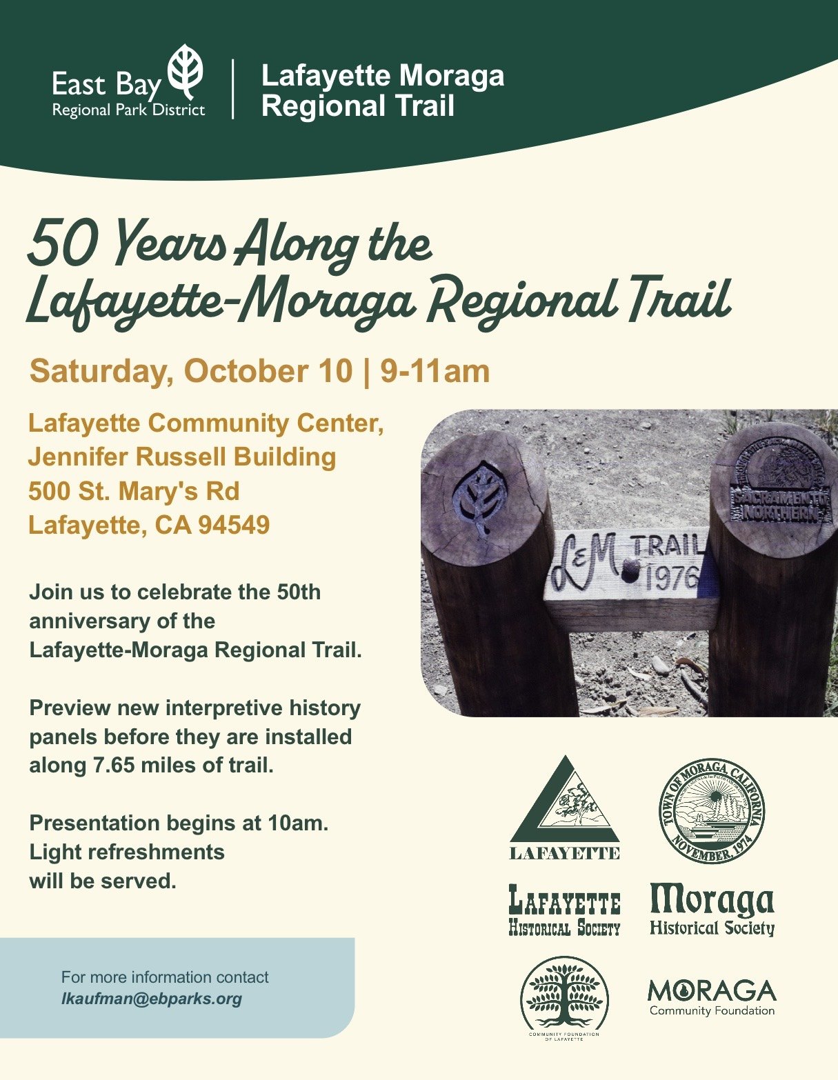 Event flyer showing a trail marker post inscribed with 'L&M Trail 1976' and anniversary event details.