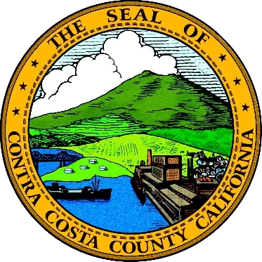 Circular official seal of Contra Costa County, California, with landscape and text.