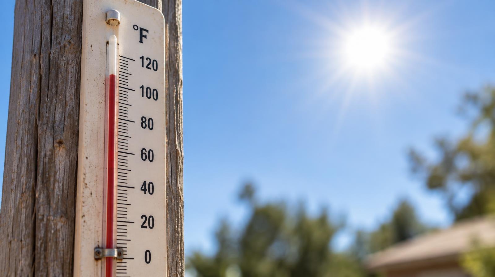 Close-up of an outdoor thermometer on a wooden post under bright sunlight.