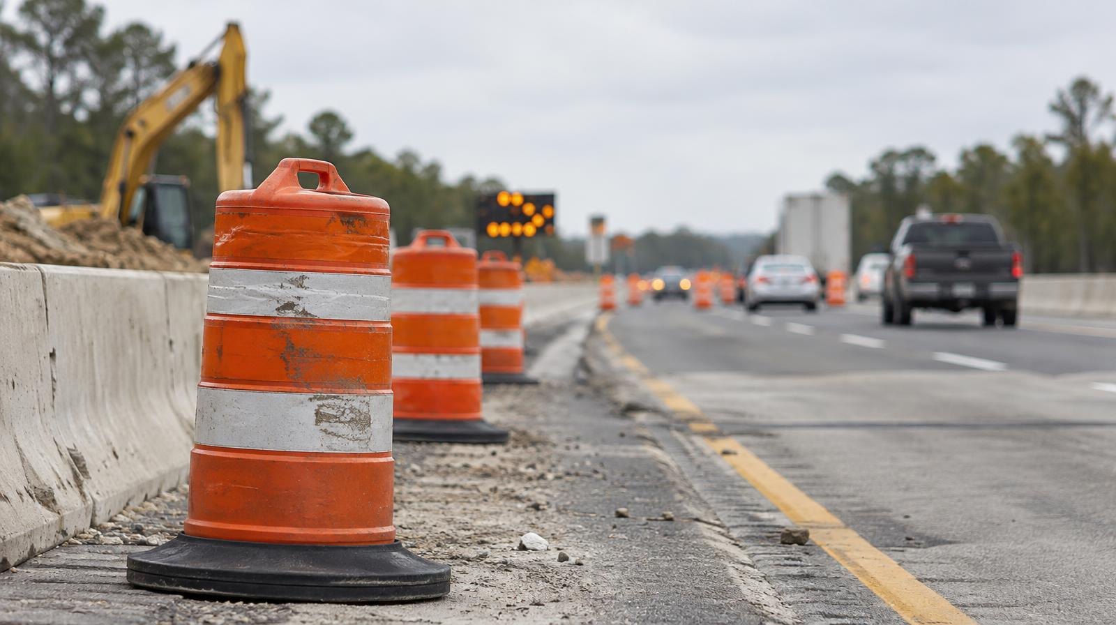 Multi-lane highway under construction with orange traffic barrels and concrete lane dividers along the shoulder.