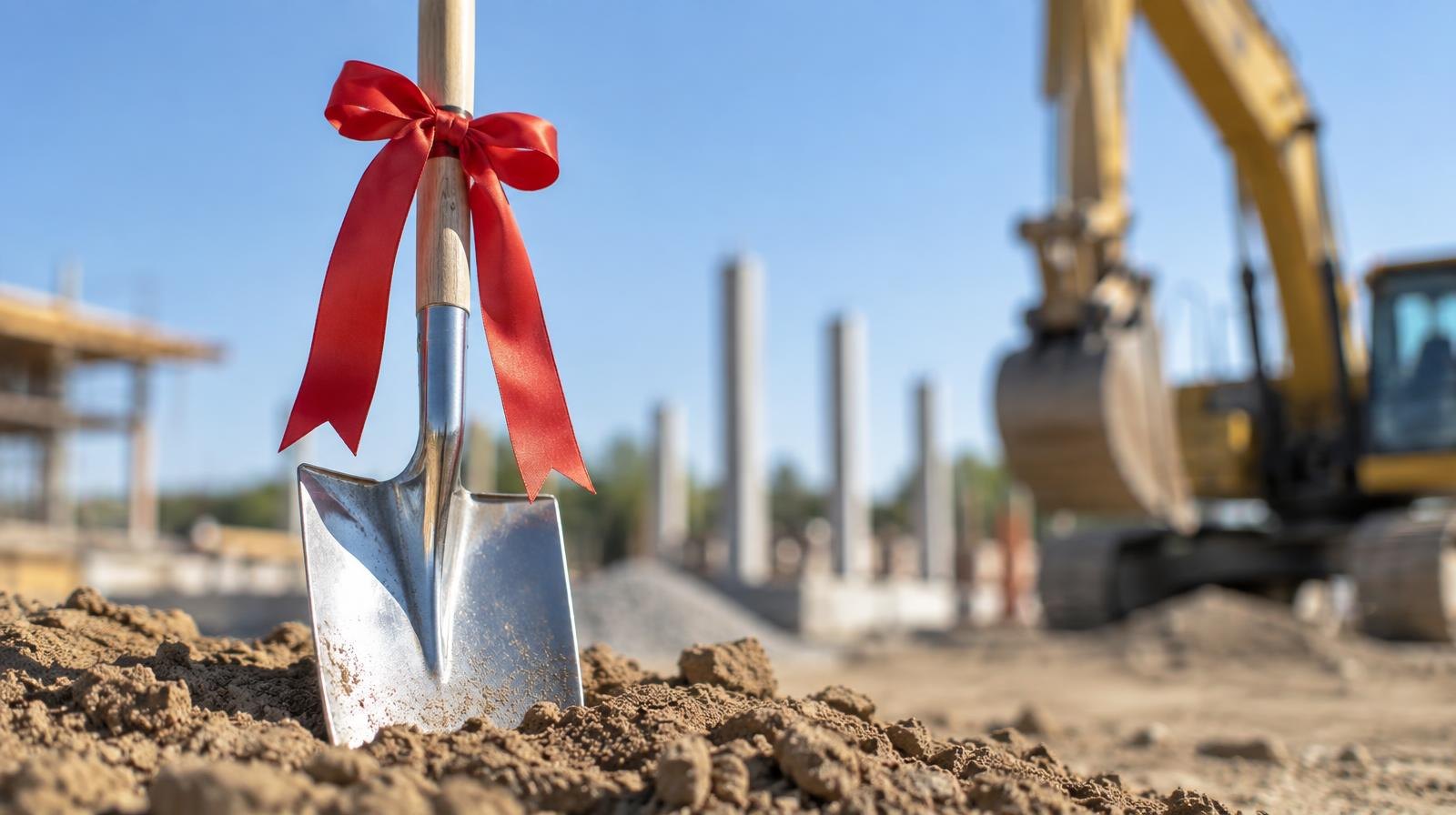 A ribbon-decorated ceremonial shovel upright in a mound of fresh dirt.