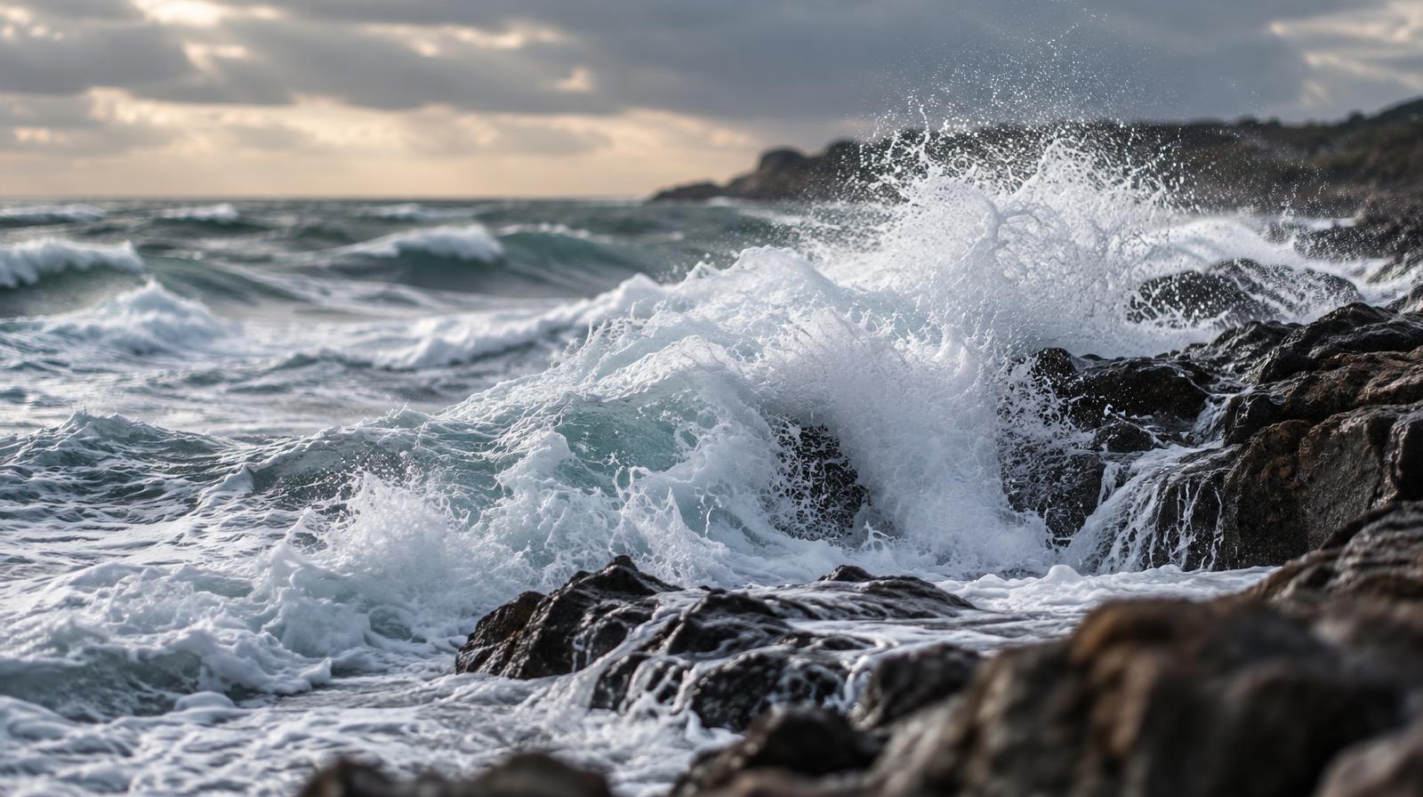 Large ocean waves crashing against a rocky coastal shoreline with white foam and churning surf.