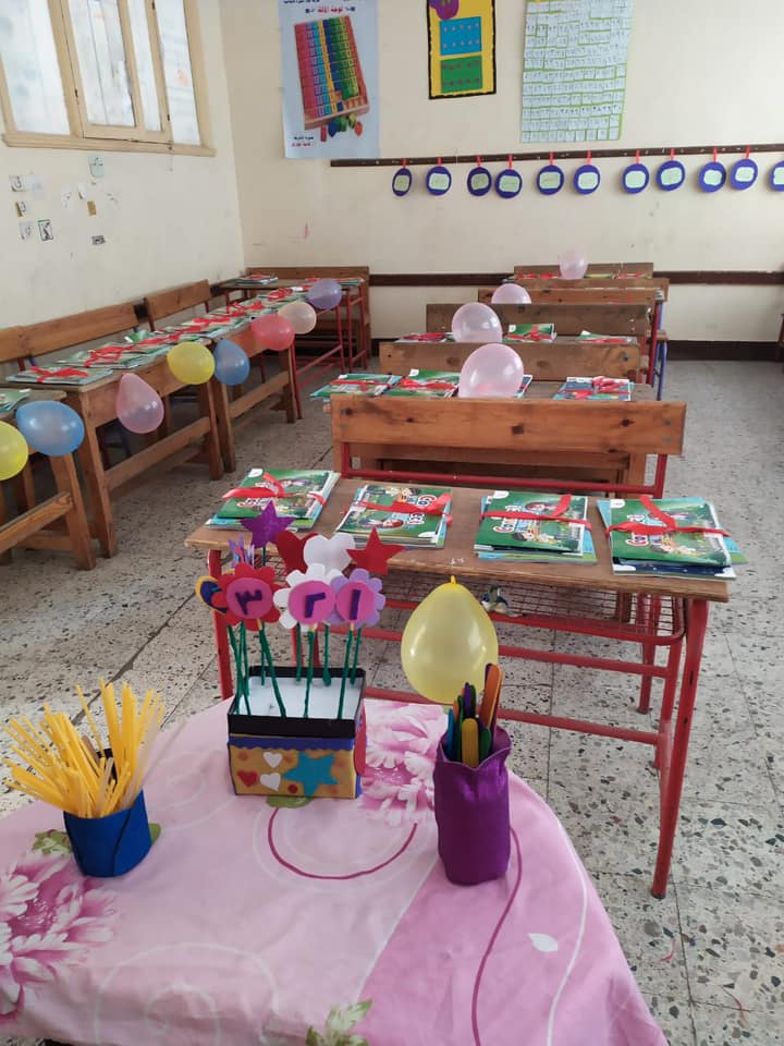 A decorated classroom with colorful balloons on desks and educational wall displays.