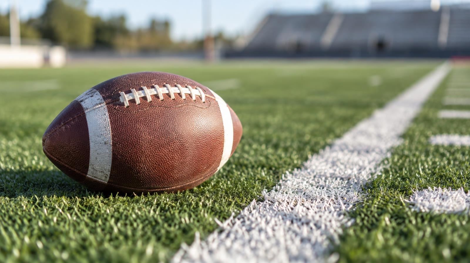 An American football resting on green artificial turf beside a white yard line.