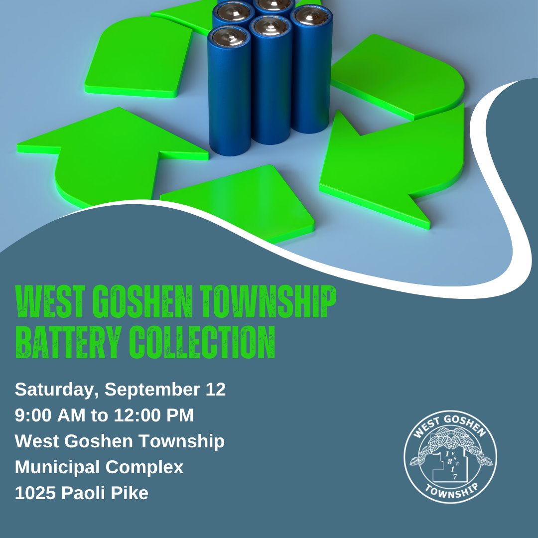Event flyer showing a recycling symbol with batteries and West Goshen Township seal.