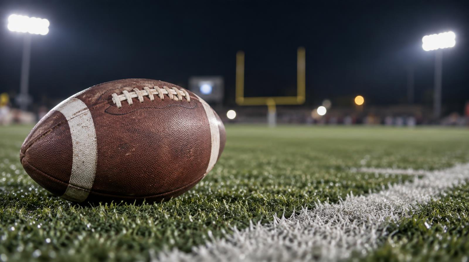 An American football on green artificial turf beside a white yard line under bright stadium lights.