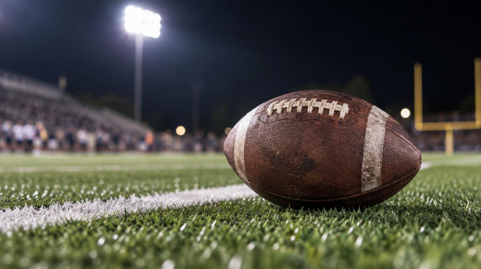 An American football resting on green artificial turf beside a white yard line.