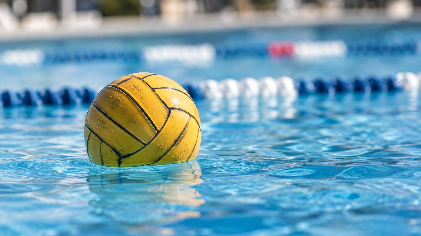 A water polo ball floating on the surface of a bright blue swimming pool.