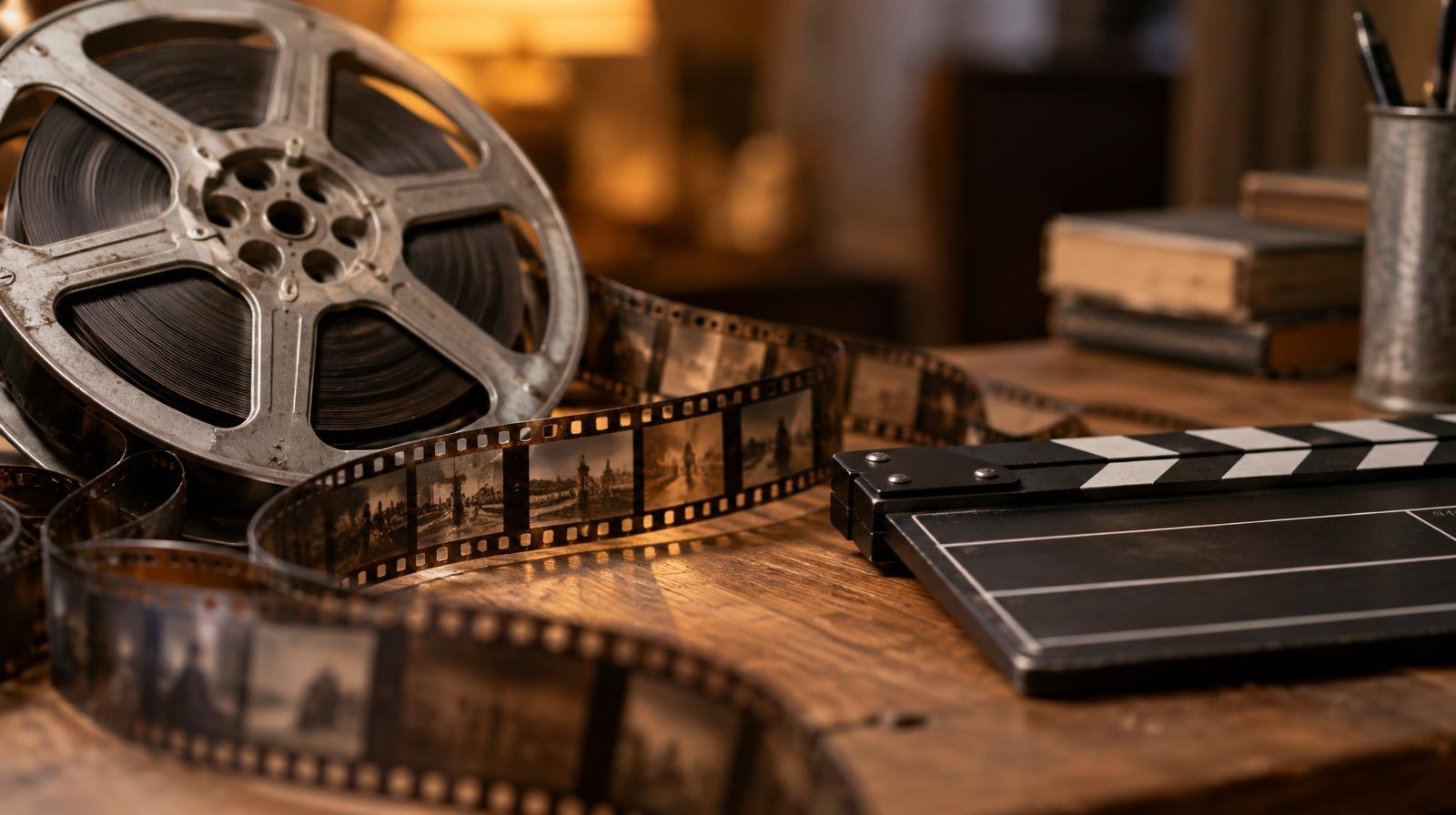 A 35mm film reel and strip of film frames beside a small clapperboard on a wooden surface.