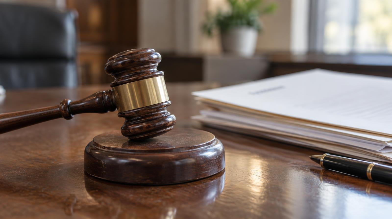 Wooden gavel on its sound block beside stacked documents on a polished table.