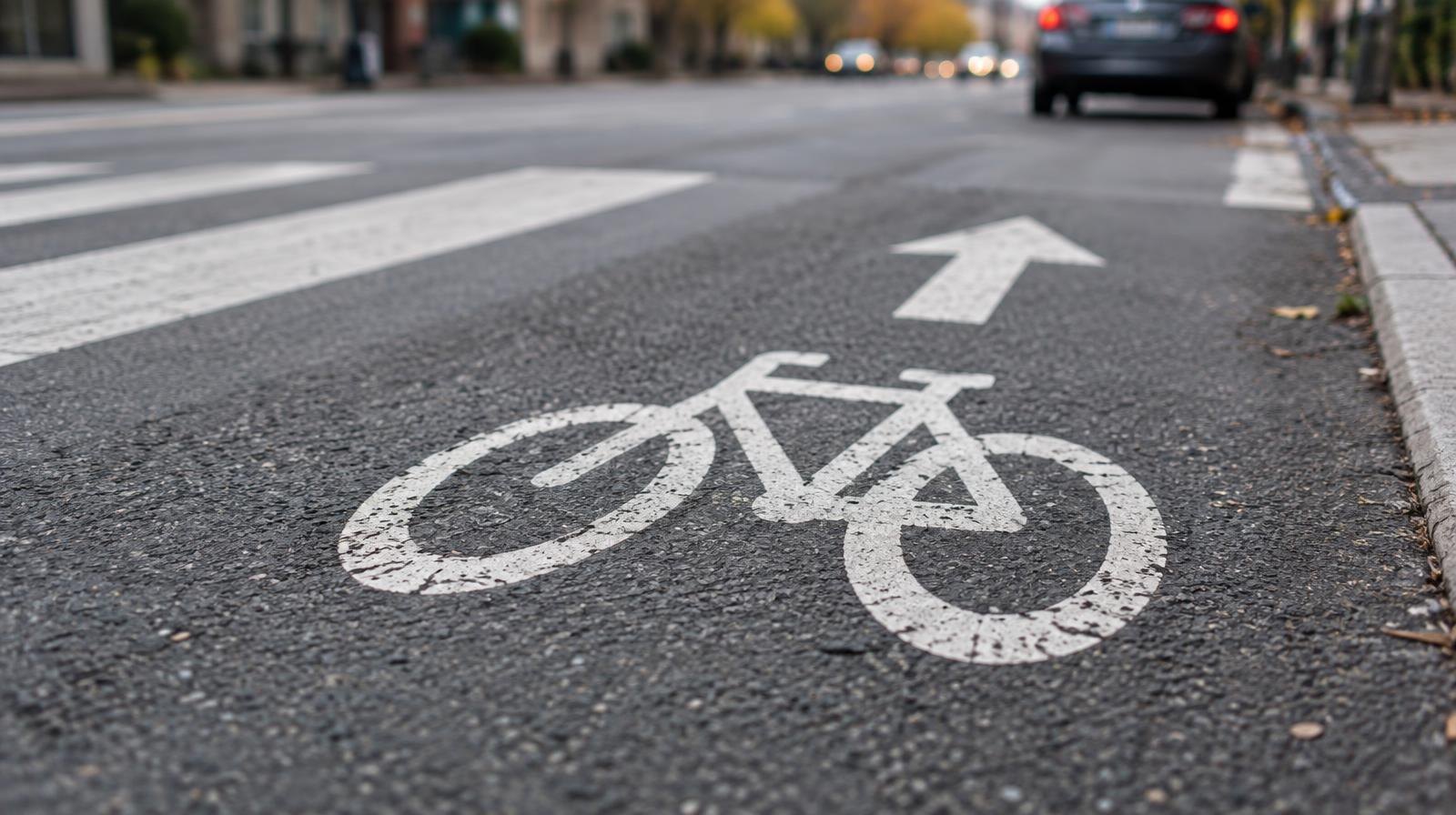 White bicycle symbol and arrow painted on dark asphalt beside a crosswalk stripe.