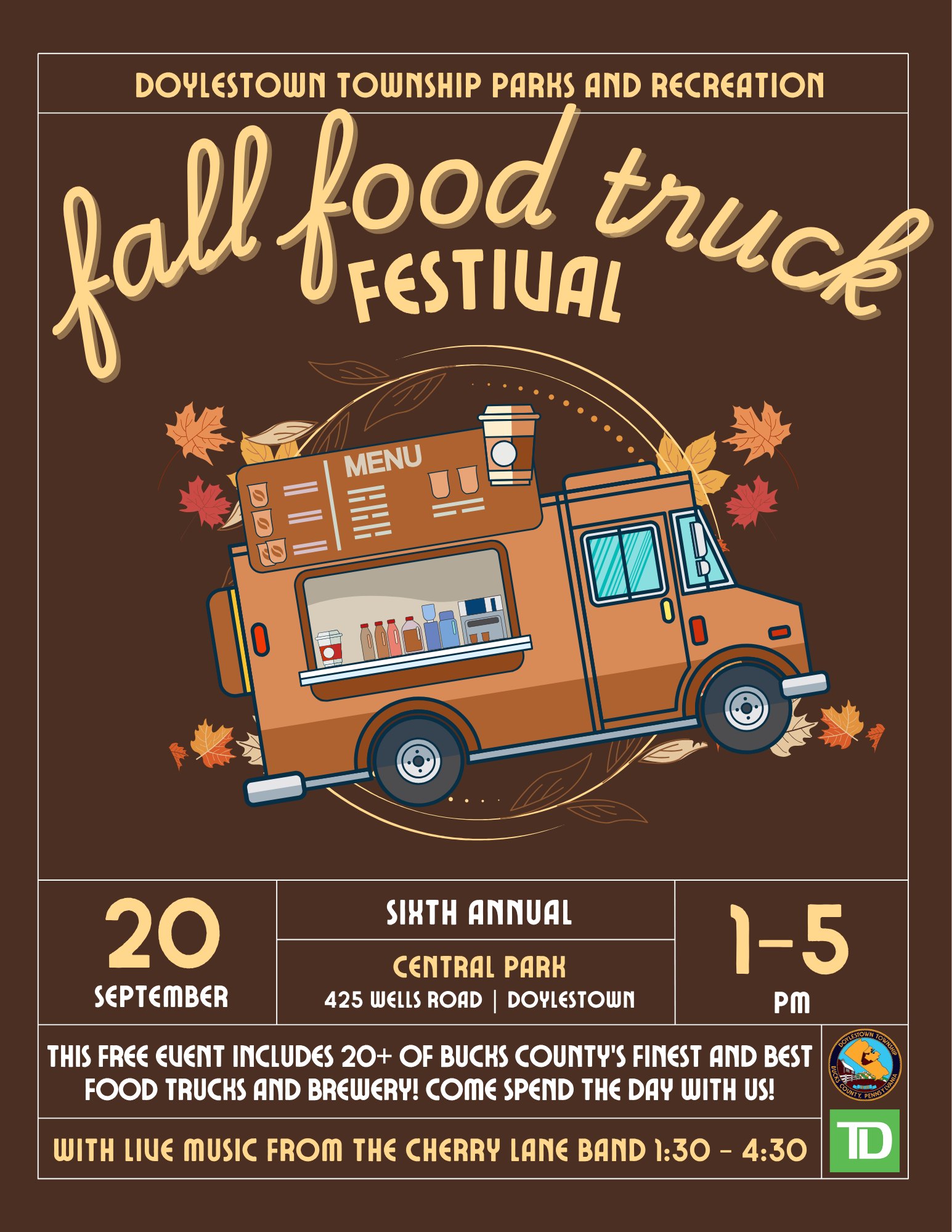 Event flyer for the Fall Food Truck Festival at Central Park, Doylestown.