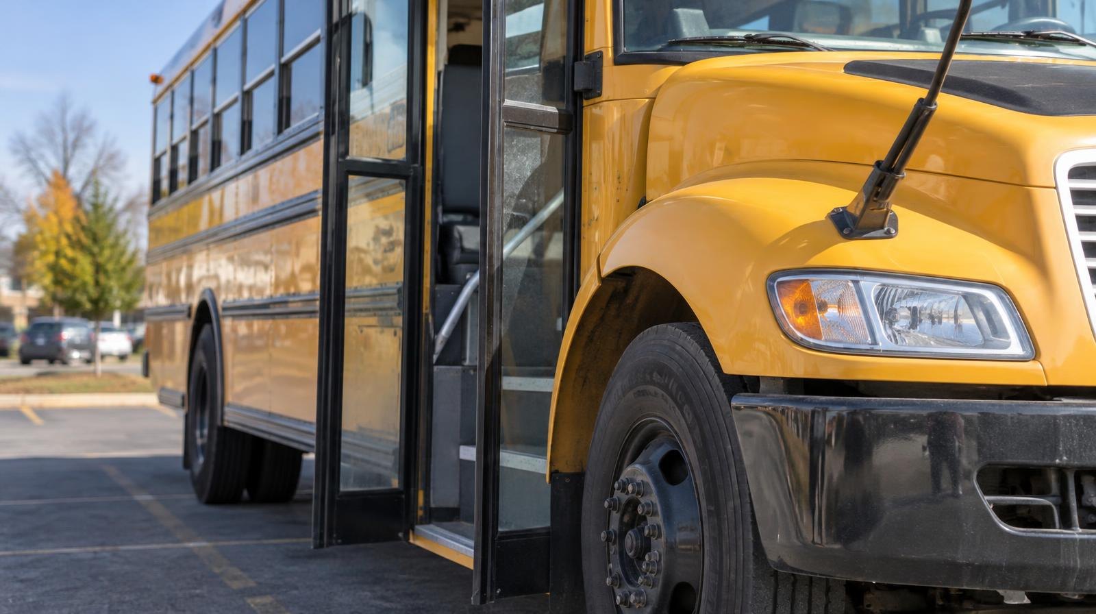 A yellow school bus parked on a paved lot with its door open.