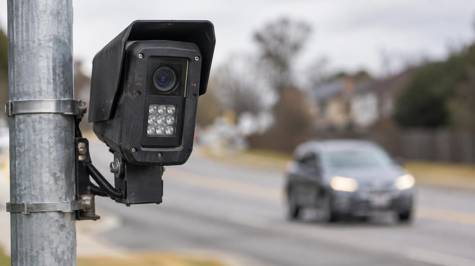 A license plate reader camera on a metal pole beside a road with a blurred car passing.