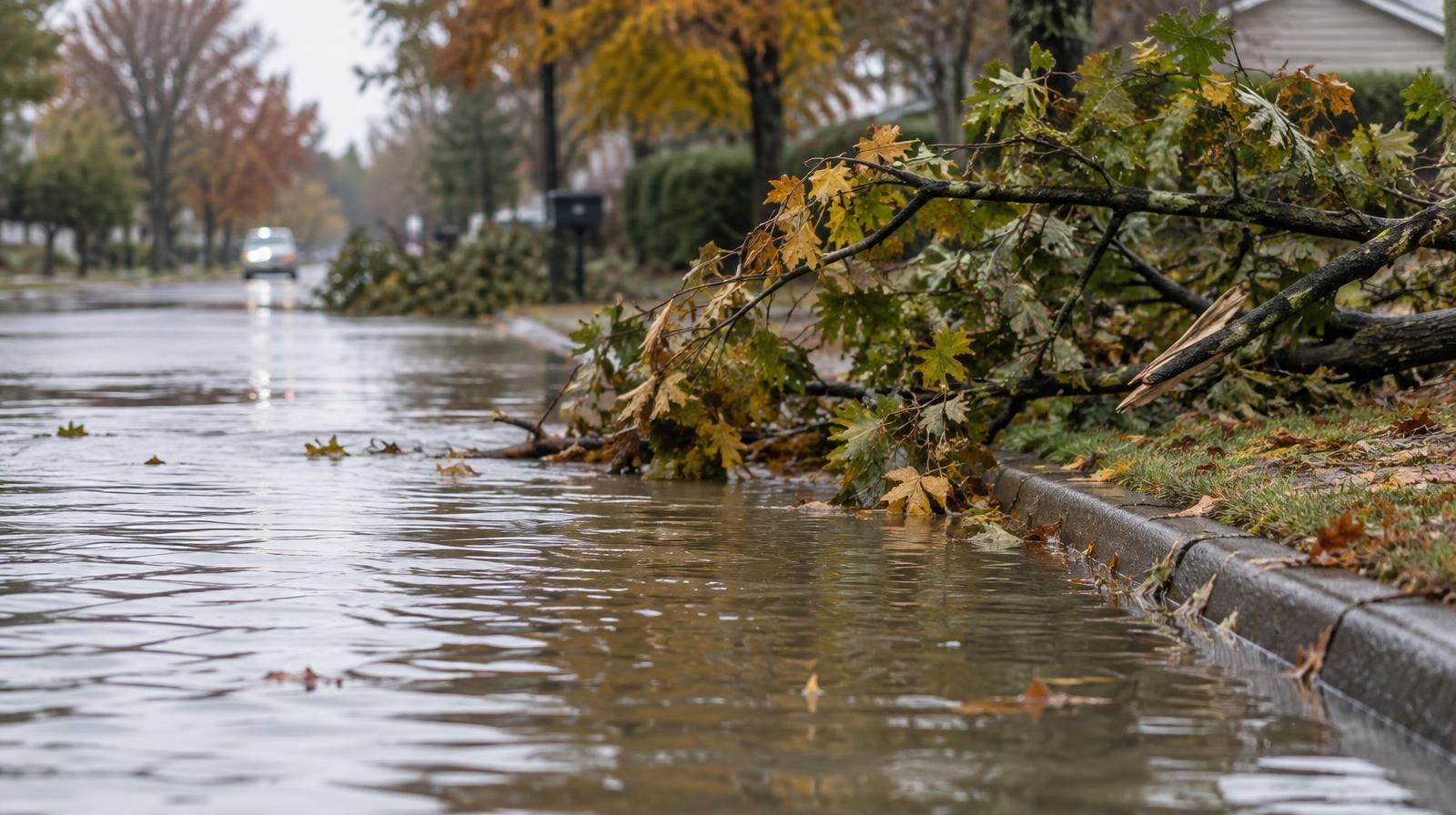 Flooded suburban street with water covering the road and fallen branches at the curb.