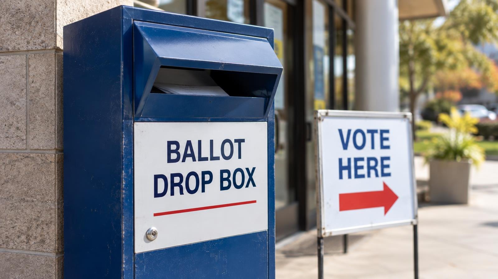 A ballot drop box mounted near a building entrance with a small voting directional sign.