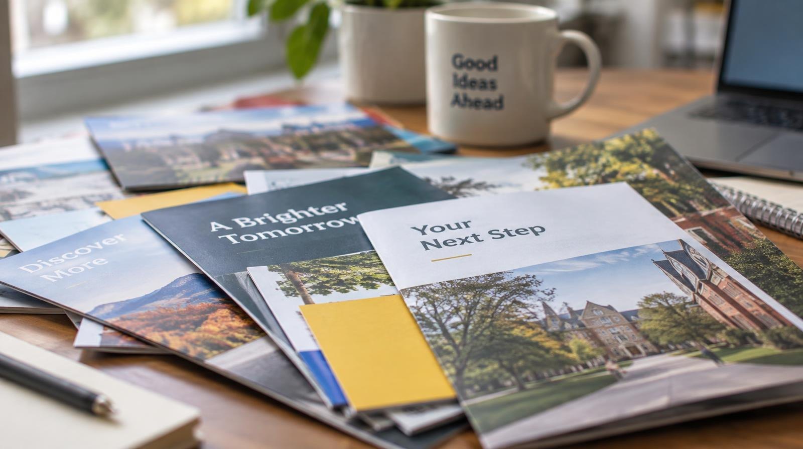 Pile of colorful college recruitment brochures spread across a wooden desk.