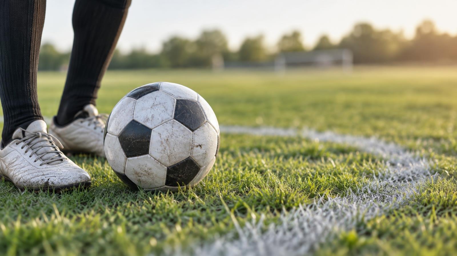A soccer ball resting on green grass near a painted center circle.